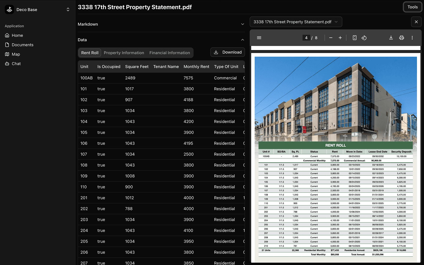 Document Extract Tool interface