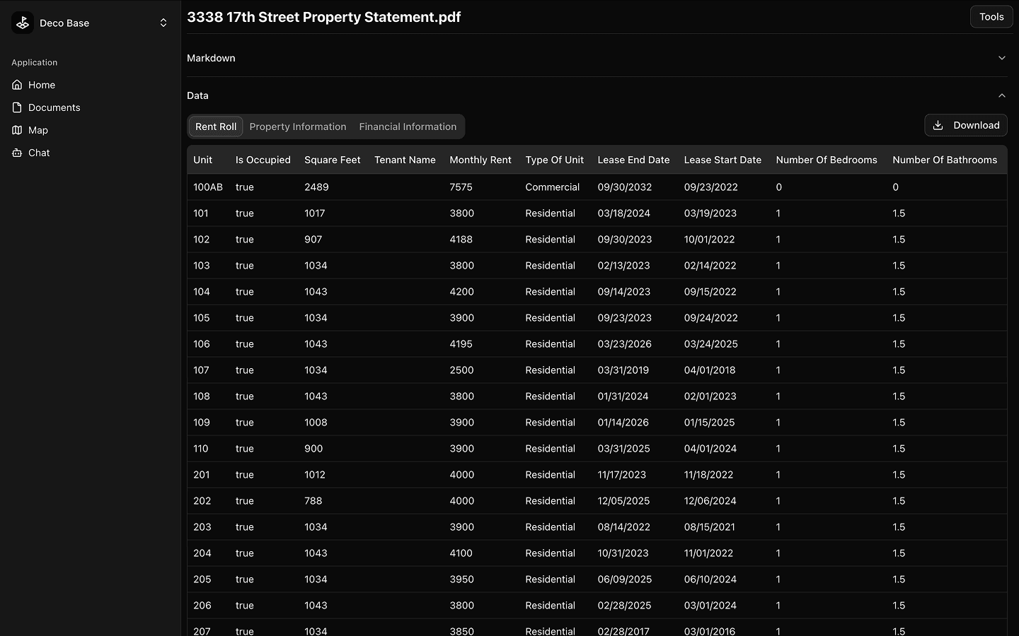 Extracted document comparison dashboard